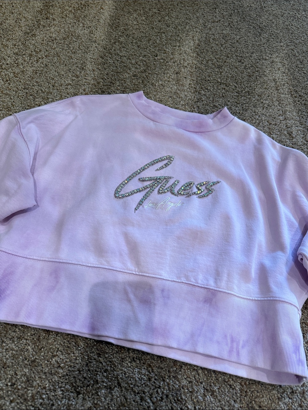 GUESS Lavender Cropped Crewneck Sweatshirt with Rhinestone Logo